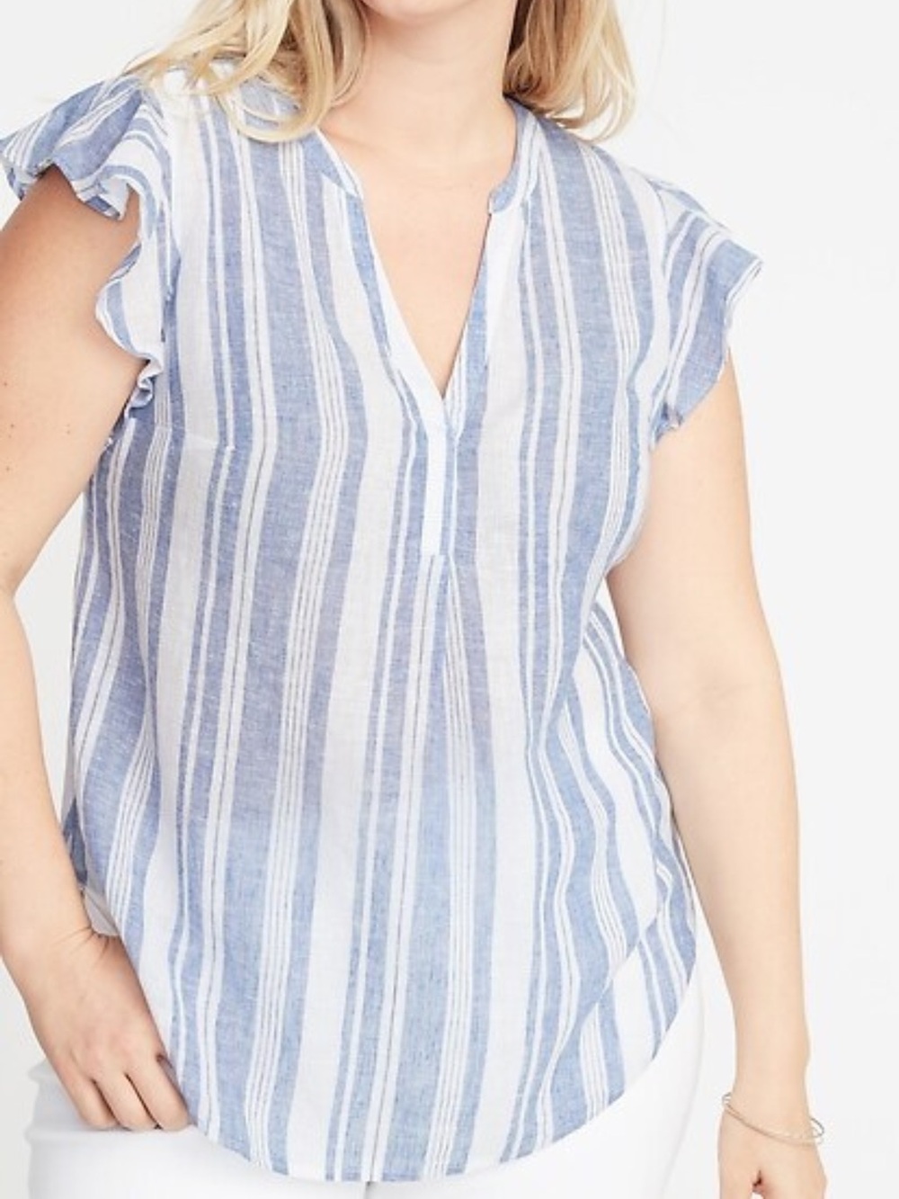 Old Navy Linen Cotton Striped Flutter Sleeve V-Neck Top Blouse Blue White L EUC